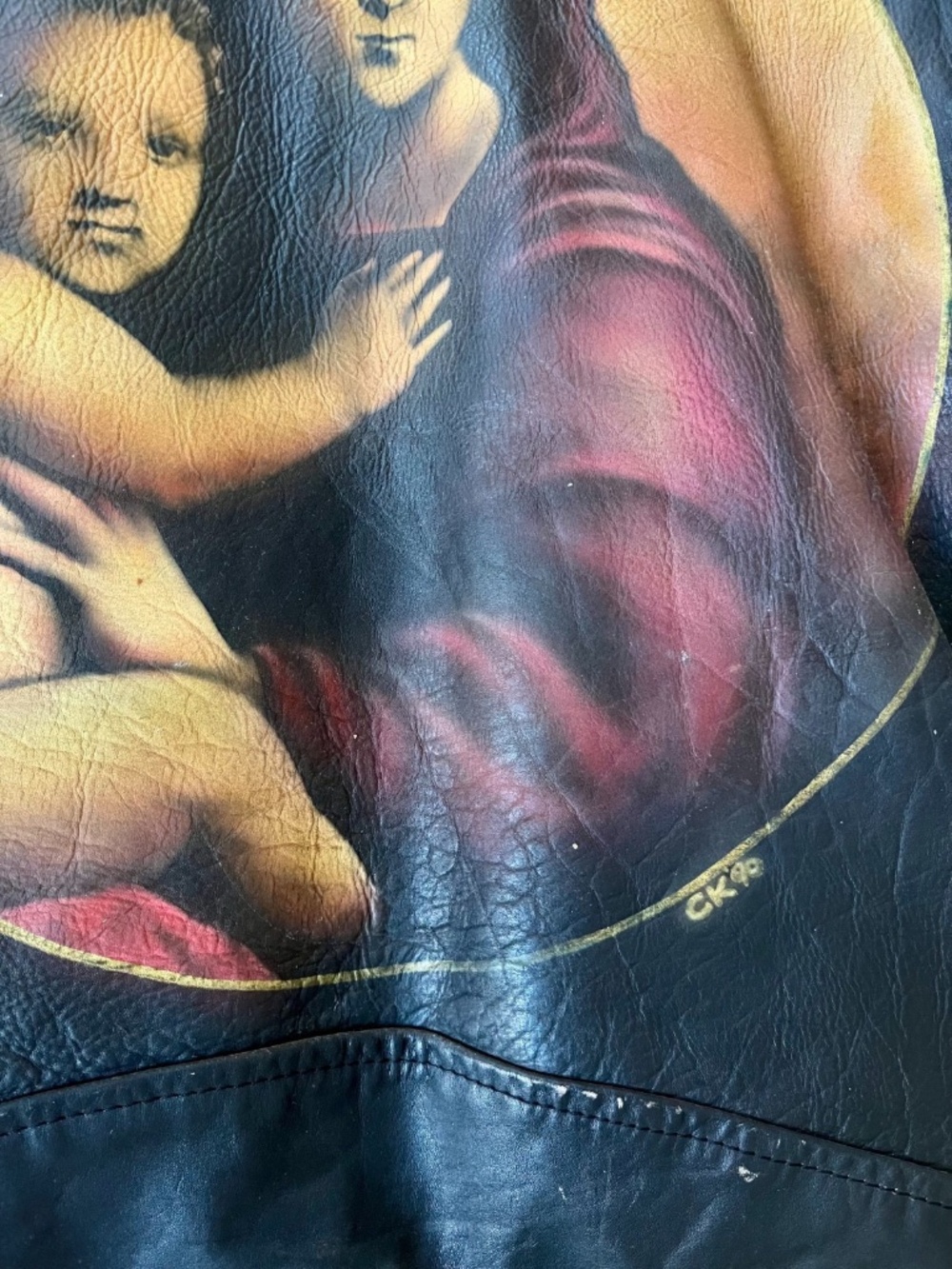 Leather Jacket Vintage Customized with Genuine Fur Collar and Hand Painting - Picture 6 of 12